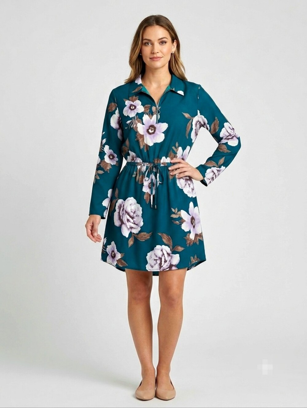 Teal Floral Tie-Waist Shirt Dress Streetwear Society